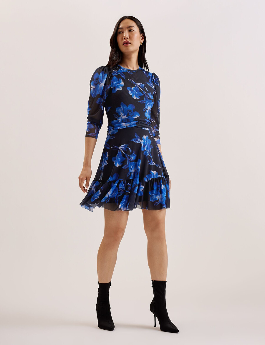 carmall - mini-jurk van mesh met bloemenprint en pofmouwen