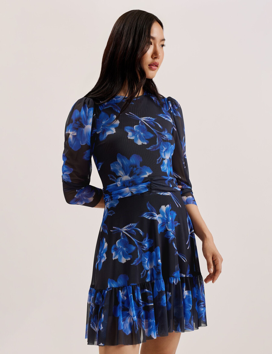 carmall - mini-jurk van mesh met bloemenprint en pofmouwen