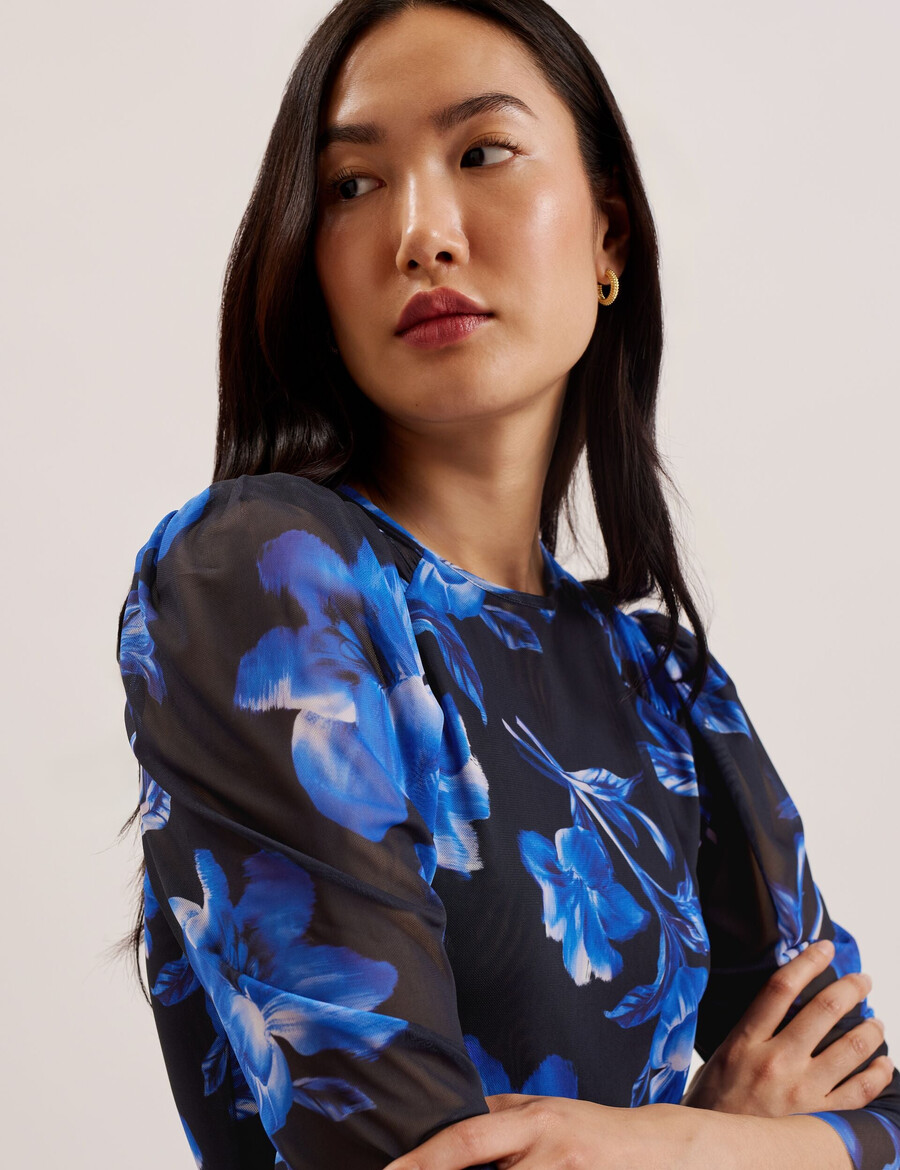 carmall - mini-jurk van mesh met bloemenprint en pofmouwen