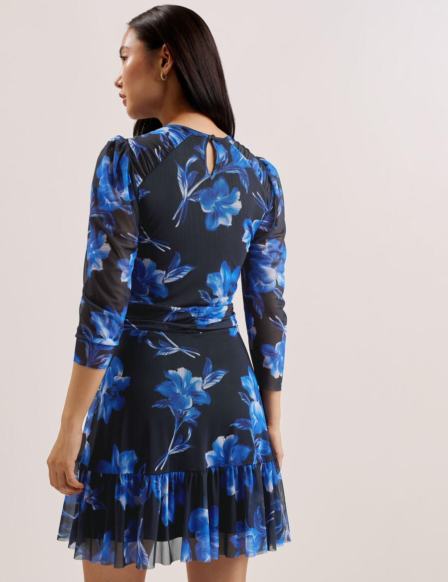 carmall - mini-jurk van mesh met bloemenprint en pofmouwen