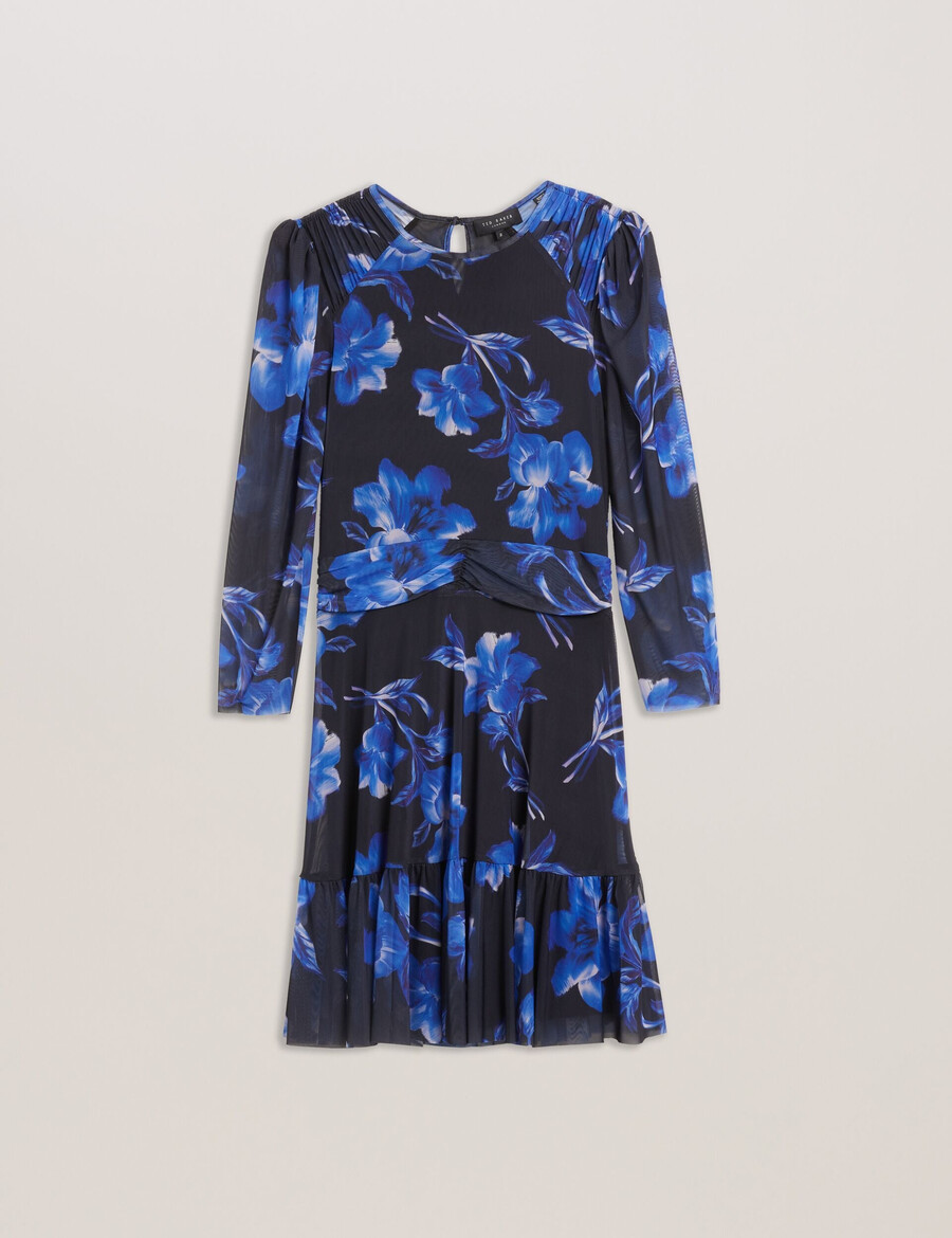 carmall - mini-jurk van mesh met bloemenprint en pofmouwen