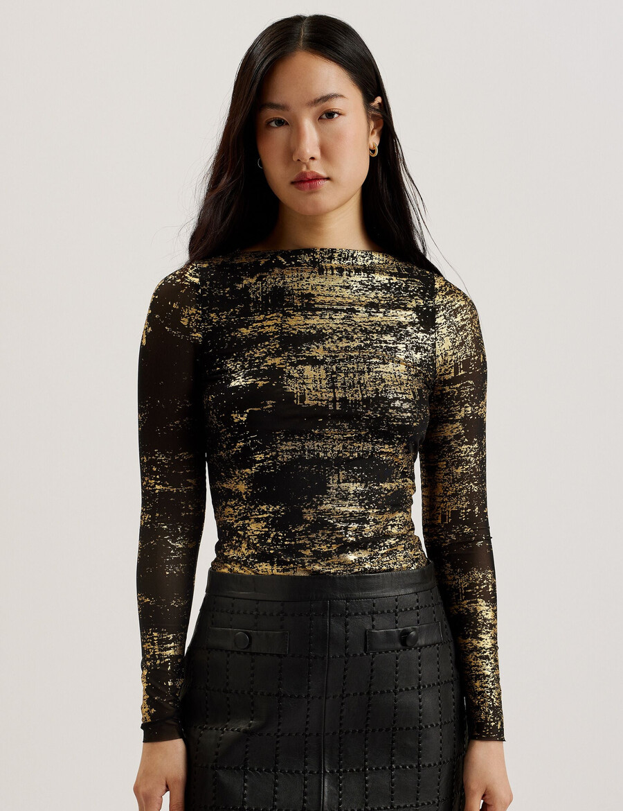 karenha - mesh top met folieprint en schuine halslijn