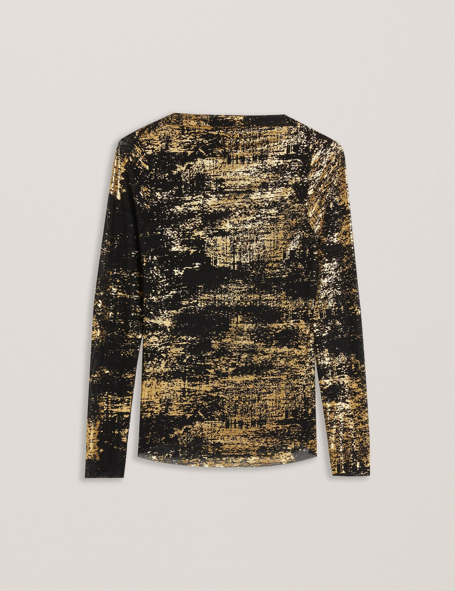karenha - mesh top met folieprint en schuine halslijn